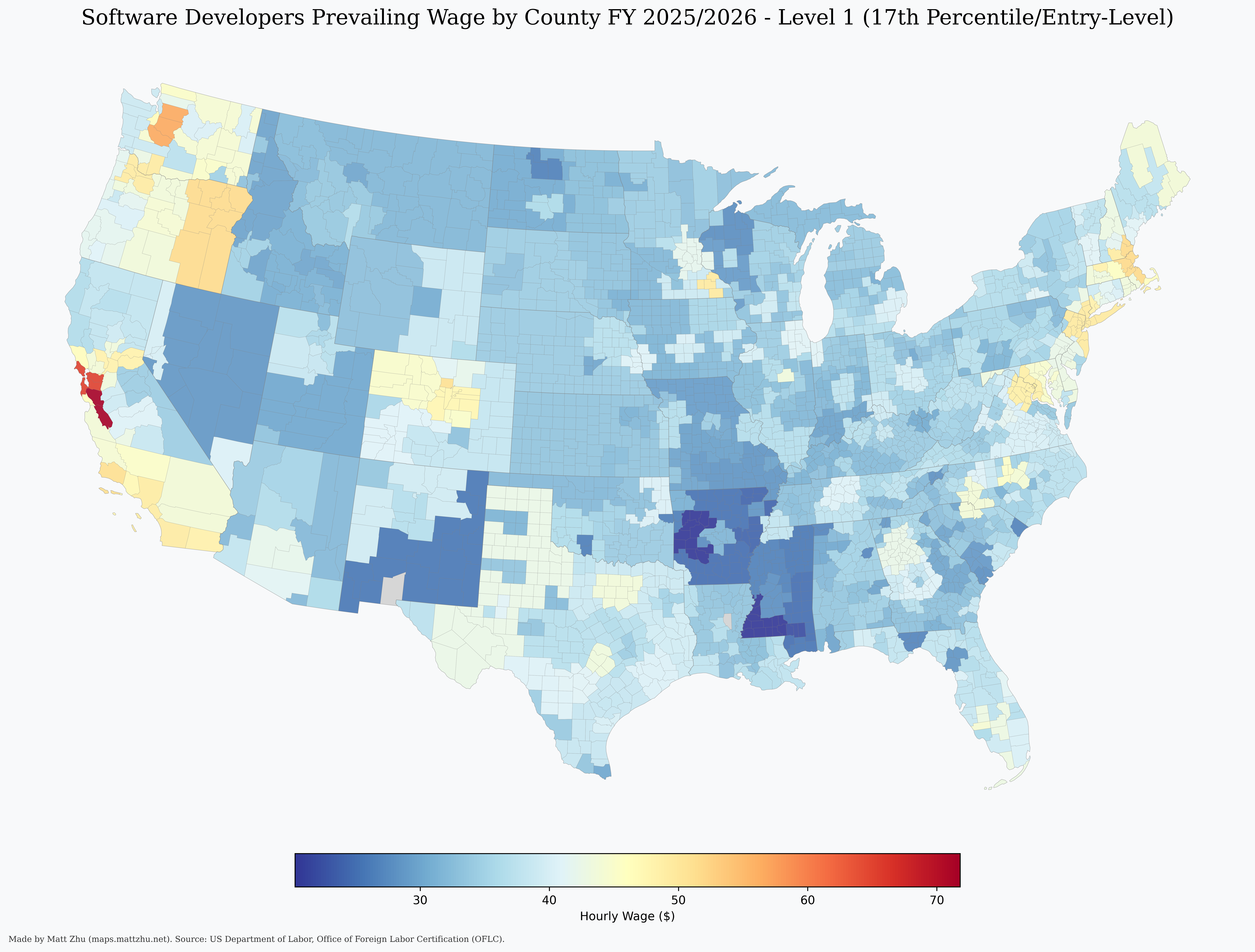 Software Developers Prevailing Wage by County Level 1 Hourly